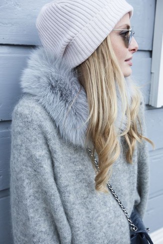Women's Grey Fur Scarf, White Beanie, Black Quilted Leather Crossbody Bag, Grey Oversized Sweater