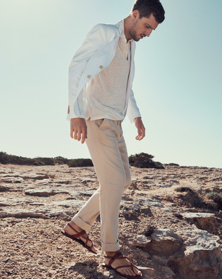 Dark Brown Leather Sandals Outfits For Men: For something on the smart side, try this combination of a white blazer and beige chinos. Why not introduce dark brown leather sandals to the equation for a carefree vibe?