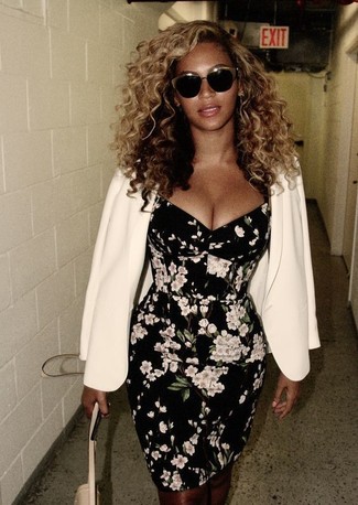 Beyonce wearing White Blazer, Black and White Floral Sheath Dress, Beige Leather Crossbody Bag