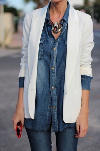 Women's White Blazer, Blue Denim Shirt, Blue Skinny Jeans, Gold Necklace
