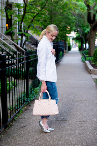 Women's White Blazer, Blue Skinny Jeans, Silver Leather Pumps, Pink Quilted Leather Tote Bag
