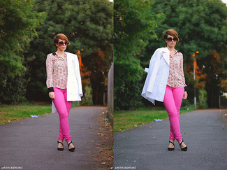 Women's White Blazer, Pink Floral Button Down Blouse, Hot Pink Skinny Jeans, Black Suede Pumps
