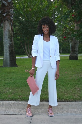 white sneakers on blazer