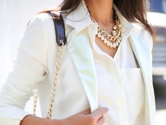 Women's White Blazer, White Silk Dress Shirt, Black Leather Crossbody Bag, White Pearl Necklace