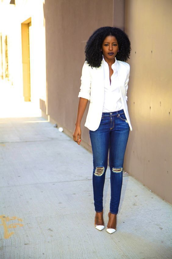 white bra top with white blazer and jeans