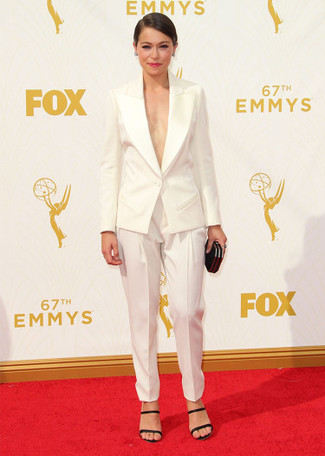Tatiana Maslany wearing White Blazer, White Tapered Pants, Black Leather Heeled Sandals, Black Suede Clutch