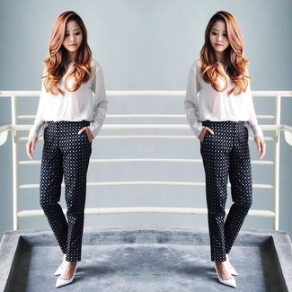 Black and White Polka Dot Skinny Pants Outfits: The combination of a white button down blouse and black and white polka dot skinny pants makes this a solid casual outfit. White leather pumps integrate effortlessly within a great deal of looks.
