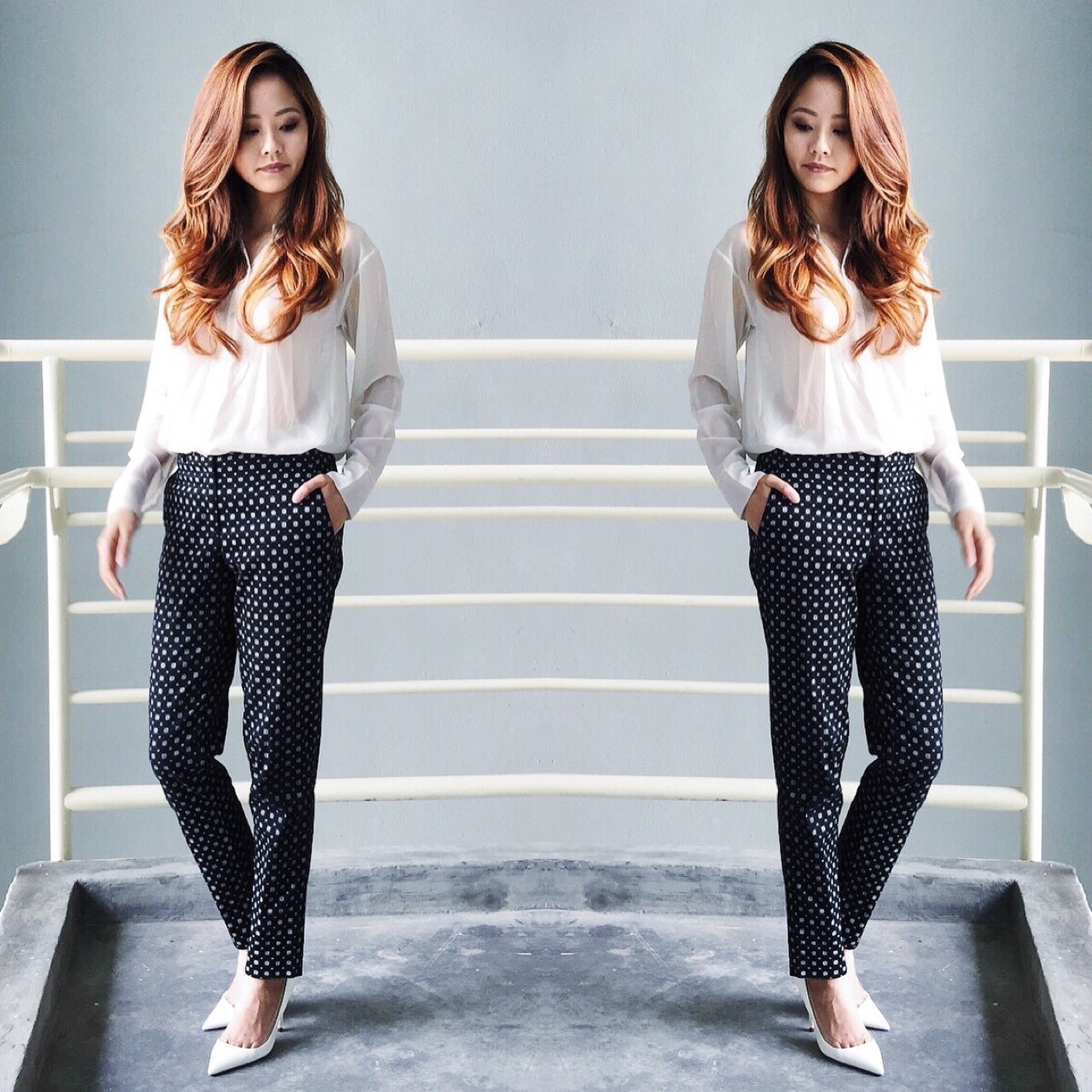 black pants with white dots