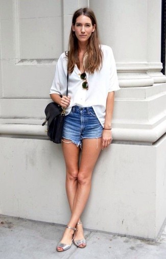 Silver Flat Sandals Outfits: If you're on a mission for an off-duty but also incredibly stylish look, dress in a white button down blouse and blue denim shorts. Finishing with a pair of silver flat sandals is an easy way to add a dose of stylish nonchalance to this look.