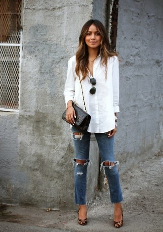 Women's White Button Down Blouse, Blue Ripped Skinny Jeans, Tan Leopard Leather Pumps, Black Quilted Leather Crossbody Bag