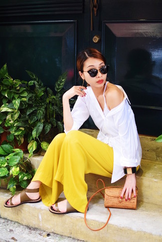 Women's White Button Down Blouse, Yellow Wide Leg Pants, Brown Leather Gladiator Sandals, Black Sunglasses