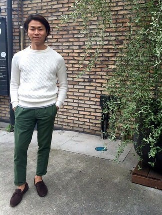 White Cable Sweater Outfits For Men: Reach for a white cable sweater and dark green chinos for a casual and cool and trendy ensemble. Up the formality of your outfit a bit by rounding off with dark purple suede loafers.