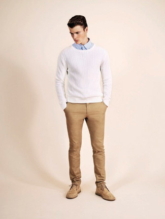 Men's White Cable Sweater, Light Blue Dress Shirt, Khaki Chinos, Tan Suede Desert Boots