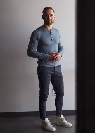 Men's White Canvas High Top Sneakers, Navy Chinos, Light Blue Long Sleeve Henley Shirt
