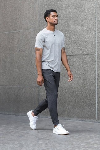Men's White Canvas Low Top Sneakers, Charcoal Sweatpants, Grey Henley Shirt