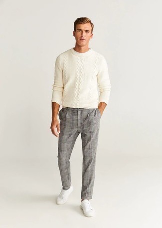 Men's White Canvas Low Top Sneakers, Grey Plaid Chinos, White Cable Sweater