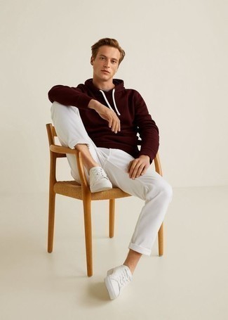 Men's White Canvas Low Top Sneakers, White Chinos, Burgundy Hoodie