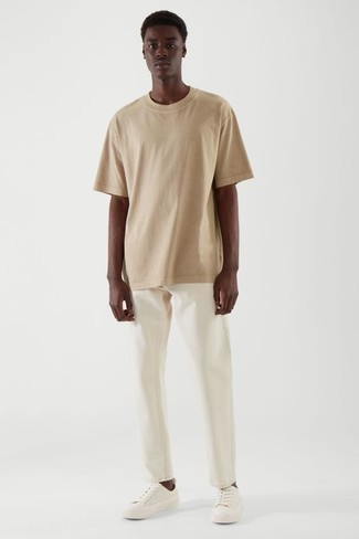 Tan Crew-neck T-shirt Outfits For Men: 