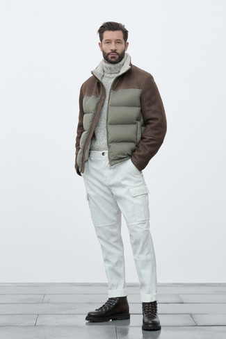 Men's Dark Brown Leather Work Boots, White Cargo Pants, Grey Wool Turtleneck, Olive Quilted Bomber Jacket