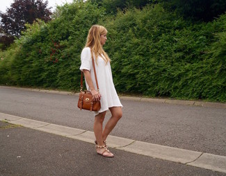 Women's White Casual Dress, Brown Leather Flat Sandals, Brown Leather Crossbody Bag