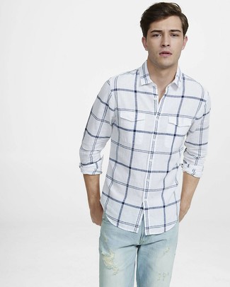 White and Black Check Long Sleeve Shirt Outfits For Men: Reach for a white and black check long sleeve shirt and light blue ripped jeans for a look that's both casual and on-trend.