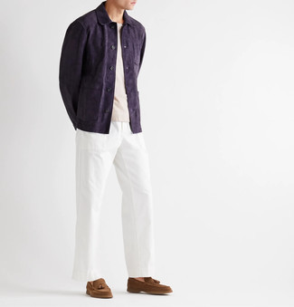 Navy Suede Shirt Jacket with White Chinos Outfits: 