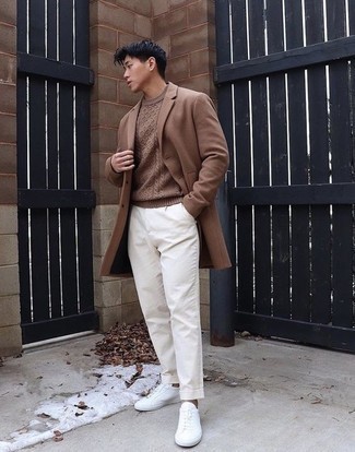 Men's White Canvas Low Top Sneakers, White Chinos, Brown Cable Sweater, Brown Overcoat