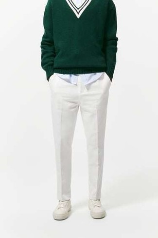 Men's White Canvas Low Top Sneakers, White Chinos, Light Blue Long Sleeve Shirt, Dark Green V-neck Sweater