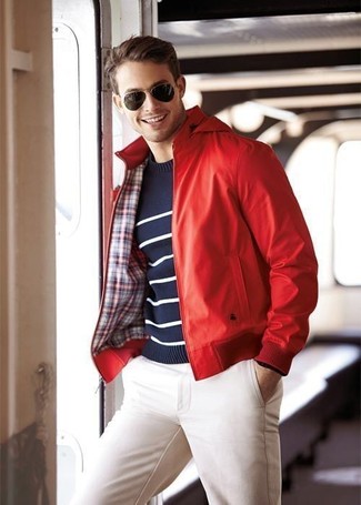 Men's Dark Brown Sunglasses, White Chinos, Navy and White Horizontal Striped Crew-neck Sweater, Red Leather Bomber Jacket