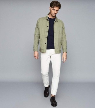Men's Black Leather Derby Shoes, White Chinos, Navy Crew-neck T-shirt, Olive Shirt Jacket