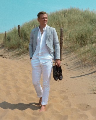 Men's Black Leather Boat Shoes, White Chinos, White Short Sleeve Shirt, White and Black Vertical Striped Blazer