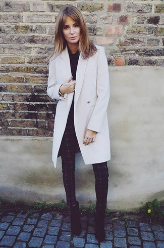 White and Black Coat Outfits For Women: Wear a white and black coat with black plaid skinny jeans for an everyday look that's full of charisma and personality. For something more on the dressier side to finish your ensemble, add a pair of black suede ankle boots to the mix.