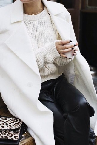 Women's White Coat, White Cable Sweater, Black Leather Sweatpants, Beige Leopard Suede Clutch