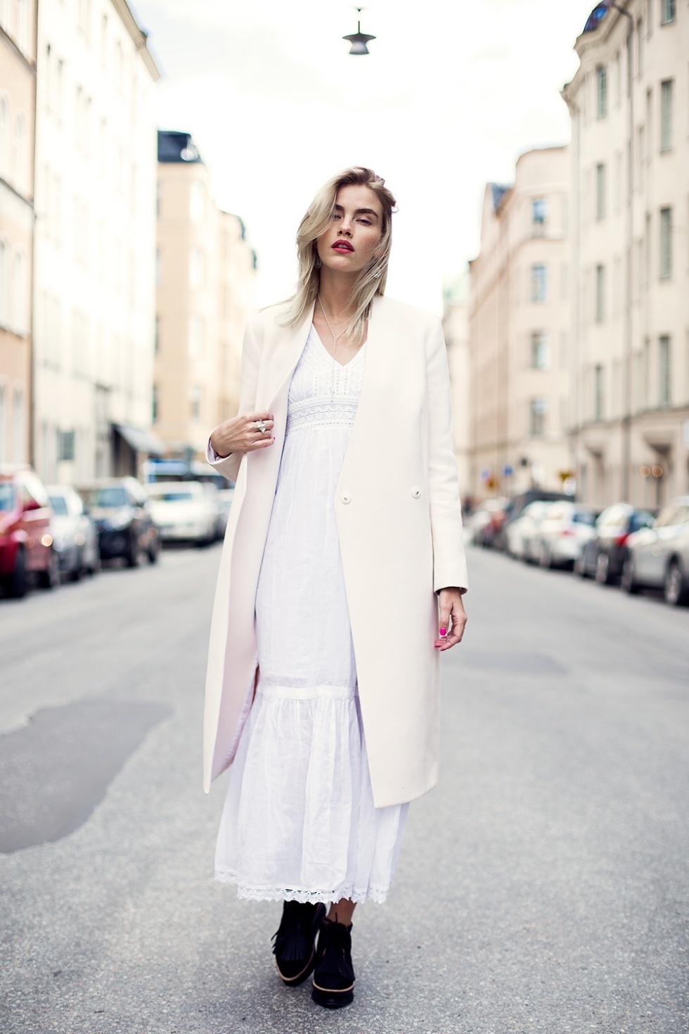 White dress with on sale coat