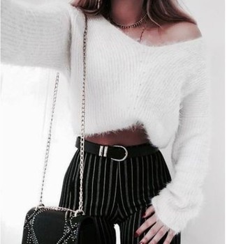 Women's White Mohair Crew-neck Sweater, Black and White Vertical Striped Skinny Pants, Black Embellished Leather Crossbody Bag, Black Leather Belt