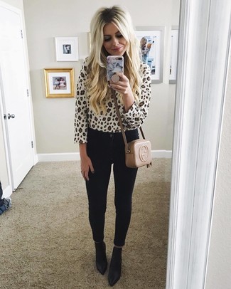 Women's White Leopard Crew-neck Sweater, Black Skinny Jeans, Black Leather Ankle Boots, Tan Leather Crossbody Bag