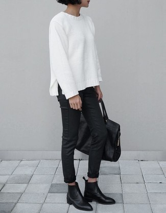 Black Leather Skinny Jeans Outfits: Who said you can't make a stylish statement with a casual look? That's easy in a white crew-neck sweater and black leather skinny jeans. If you're hesitant about how to finish, a pair of black leather chelsea boots is a wonderful pick.
