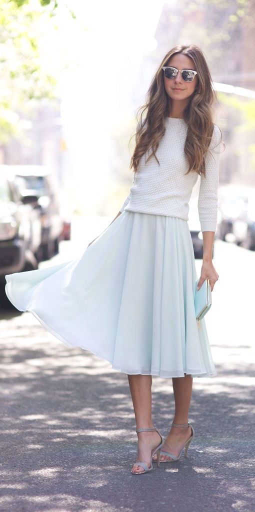 Women's White Crew-neck Sweater, Light Blue Pleated Midi Skirt