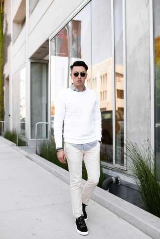 Men's White Crew-neck Sweater, White and Black Gingham Long Sleeve Shirt, White Chinos, Black Suede Low Top Sneakers