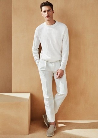 Men's White Crew-neck Sweater, White Chinos, Beige Canvas Loafers