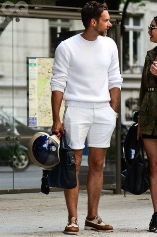 Men's White Crew-neck Sweater, White Shorts, Brown Leather Brogues, Navy Leather Briefcase