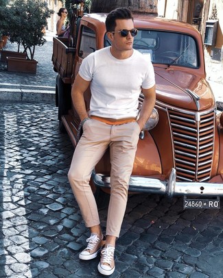 Men's White Crew-neck T-shirt, Beige Chinos, Tan Canvas Low Top Sneakers, Navy Sunglasses