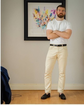Beige Jeans Hot Weather Outfits For Men: For something more on the casually cool end, marry a white crew-neck t-shirt with beige jeans. Why not add a pair of black leather loafers to the equation for a touch of polish?