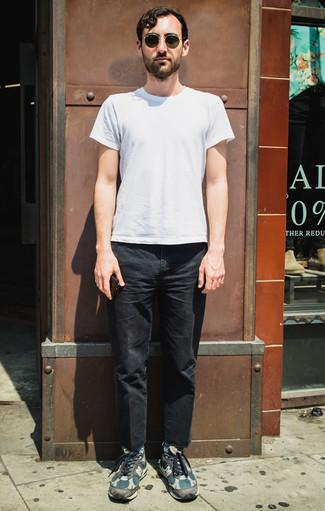 Men's White Crew-neck T-shirt, Black Chinos, Teal Athletic Shoes, Olive Sunglasses