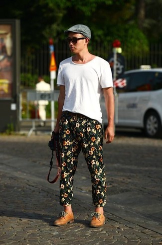Men's White Crew-neck T-shirt, Black Floral Chinos, Tobacco Leather Brogues, Charcoal Flat Cap