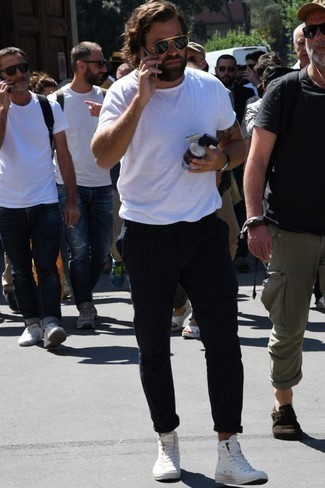 Men's White Crew-neck T-shirt, Black Vertical Striped Chinos, White Canvas High Top Sneakers, Black and Gold Sunglasses