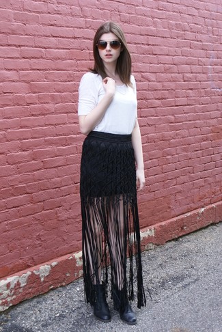 Aurora Fringe Maxi Skirt Black