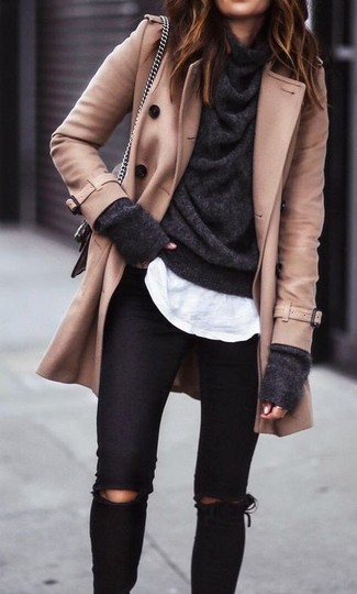 Women's Black Ripped Skinny Jeans, White Crew-neck T-shirt, Charcoal Cowl-neck Sweater, Tan Pea Coat