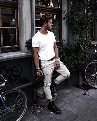 Grey Cargo Pants Outfits: If it's comfort and practicality that you love in an outfit, try teaming a white crew-neck t-shirt with grey cargo pants. Add black leather high top sneakers to the mix for extra fashion points.