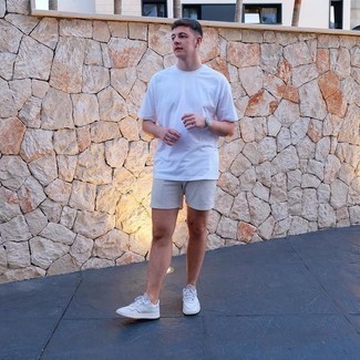 Men's White Crew-neck T-shirt, Grey Sports Shorts, White Leather Low Top Sneakers, Silver Watch